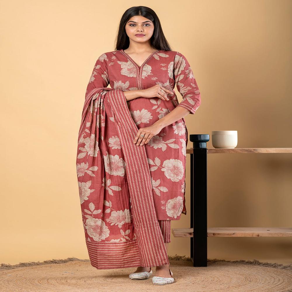 Straight Style Cotton Fabric Maroon Color Kurta And Bottom With Dupatta