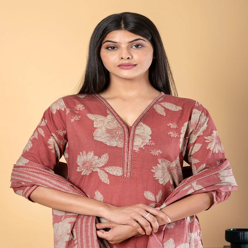 Straight Style Cotton Fabric Maroon Color Kurta And Bottom With Dupatta