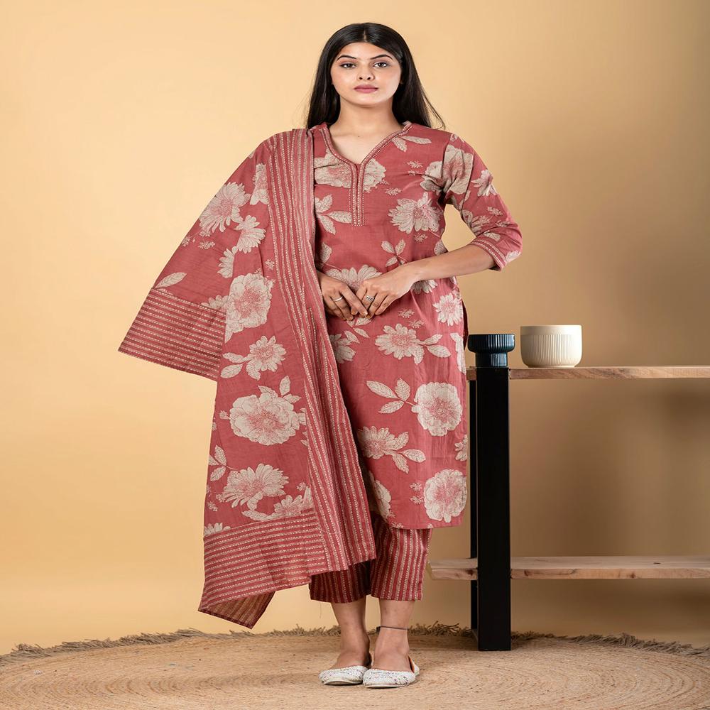 Straight Style Cotton Fabric Maroon Color Kurta And Bottom With Dupatta