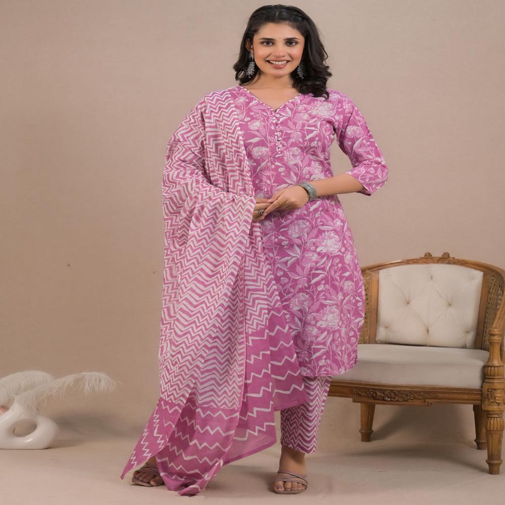 Straight Style Cotton Fabric Purple Color Kurta And Bottom With Dupatta
