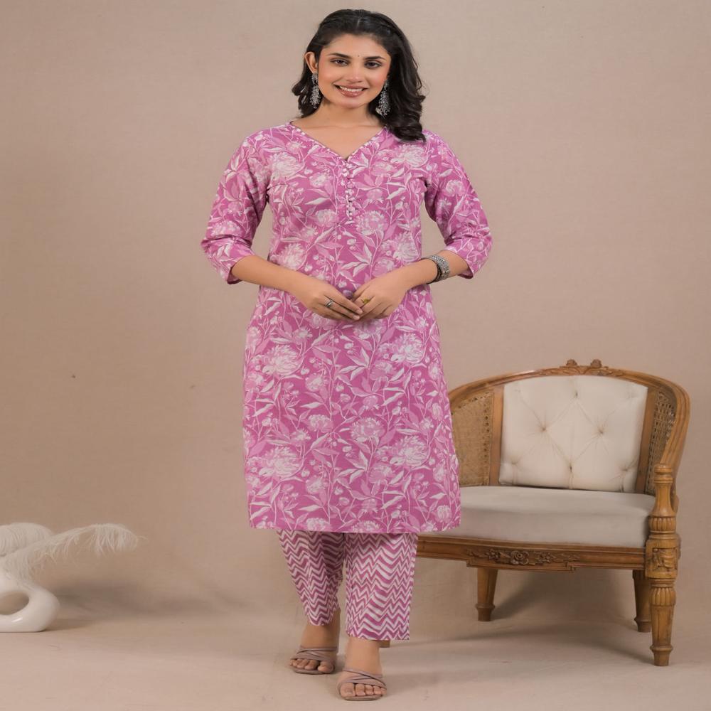 Straight Style Cotton Fabric Purple Color Kurta And Bottom With Dupatta