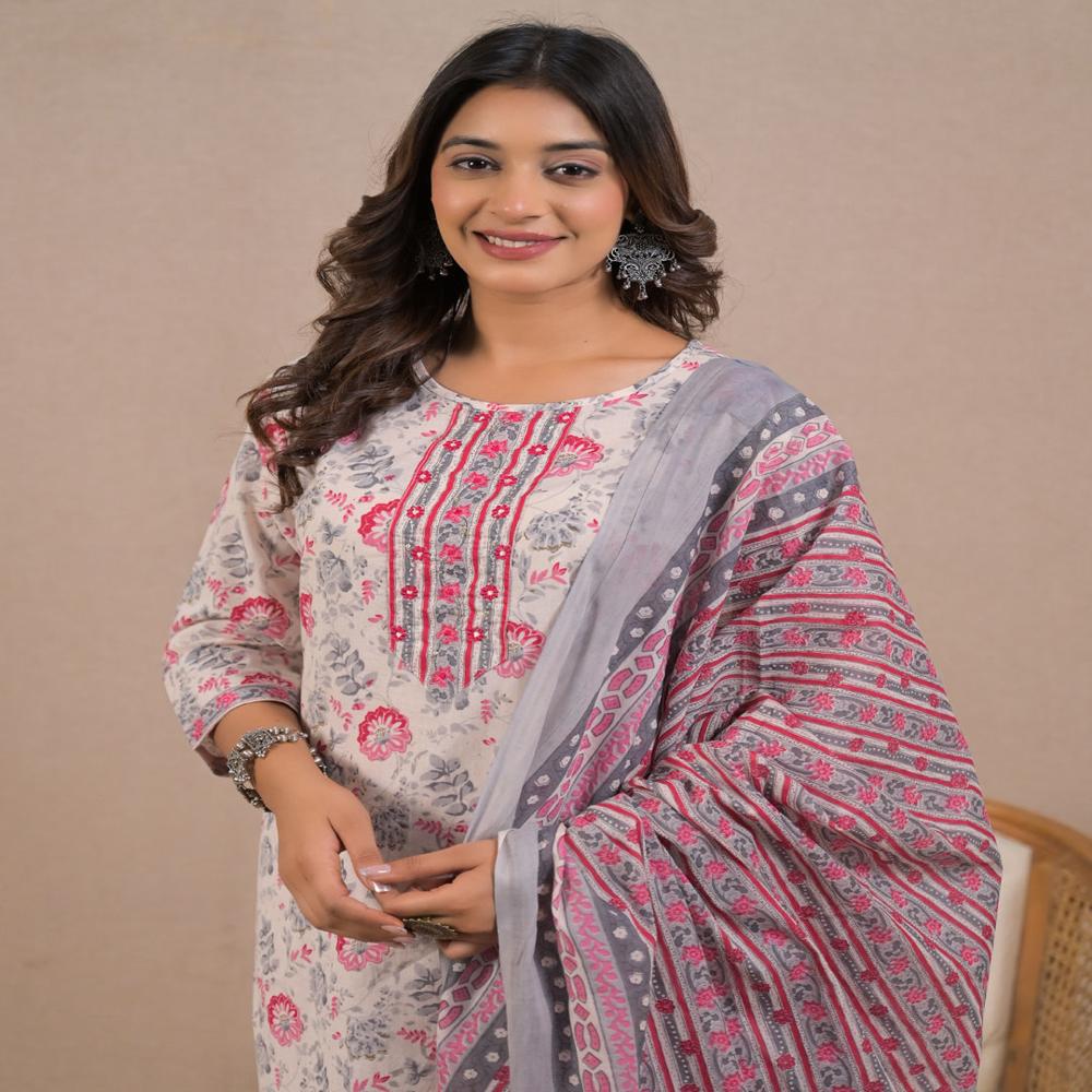 Straight Style Cotton Fabric Pink Color Kurta And Bottom With Dupatta