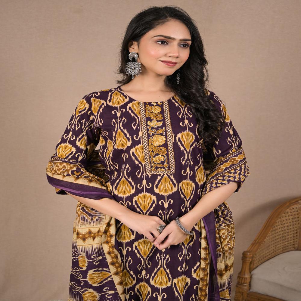 Straight Style Cotton Fabric Purple Color Kurta And Bottom With Dupatta