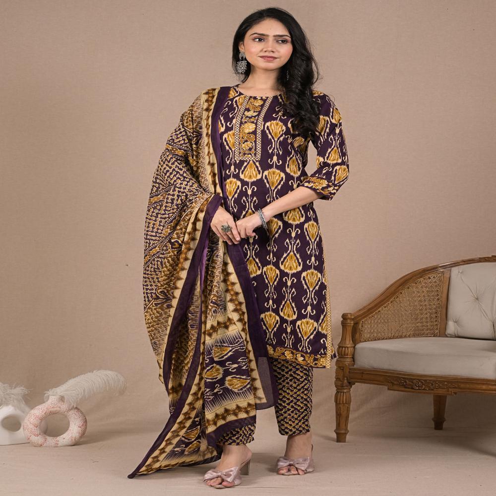 Straight Style Cotton Fabric Purple Color Kurta And Bottom With Dupatta
