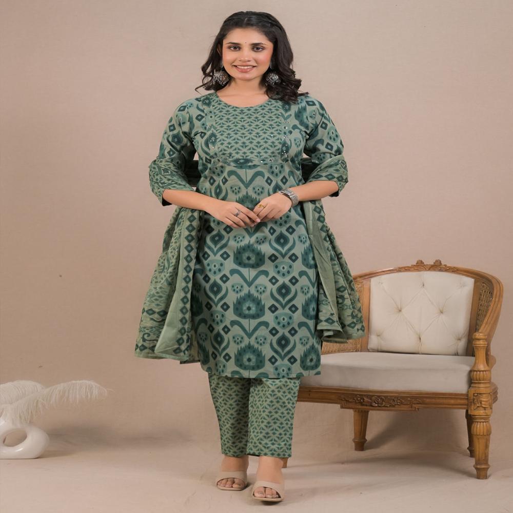 Straight Style Cotton Fabric Green Color Kurta And Bottom With Dupatta