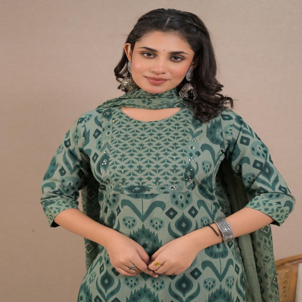 Straight Style Cotton Fabric Green Color Kurta And Bottom With Dupatta