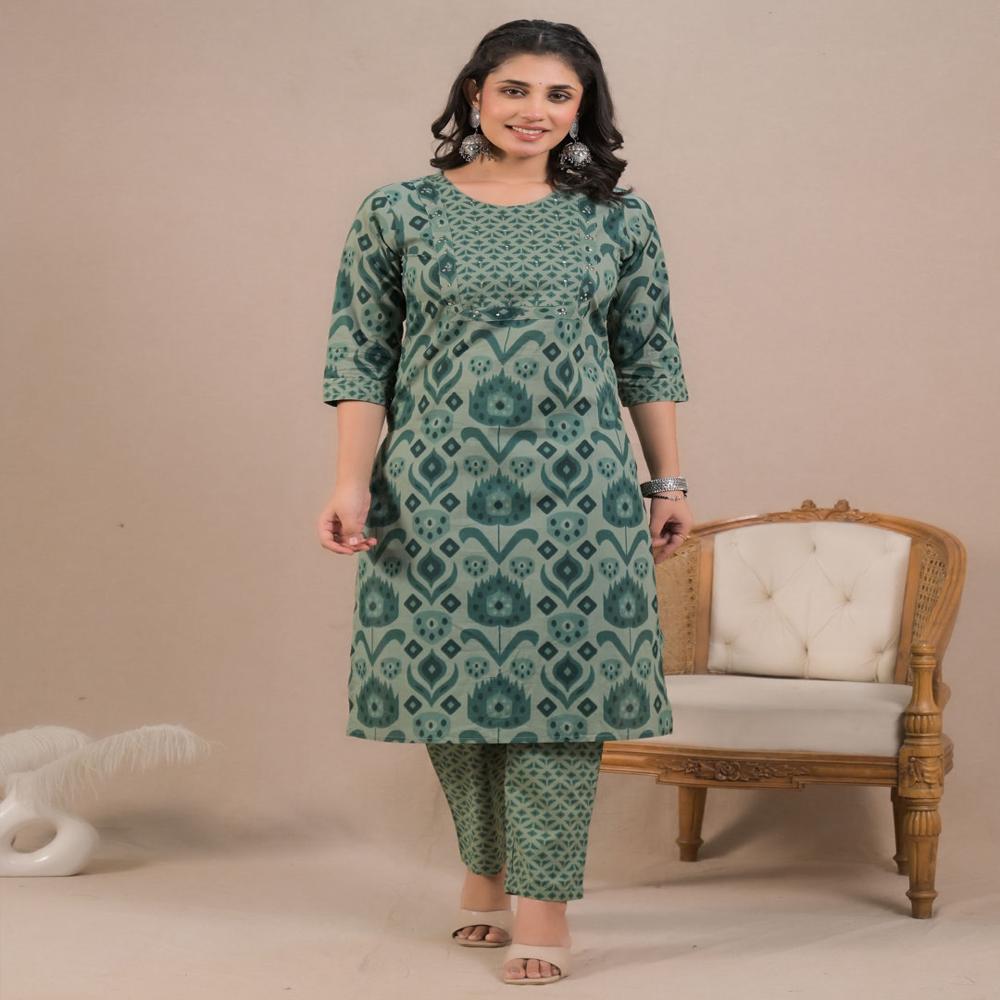 Straight Style Cotton Fabric Green Color Kurta And Bottom With Dupatta