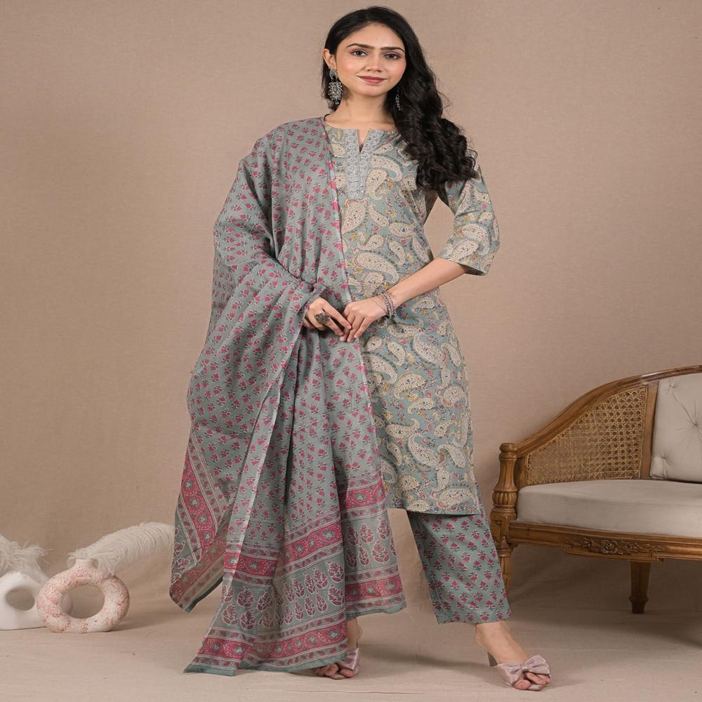 Straight Style Cotton Fabric Sea Green Color Kurta And Bottom With Dupatta
