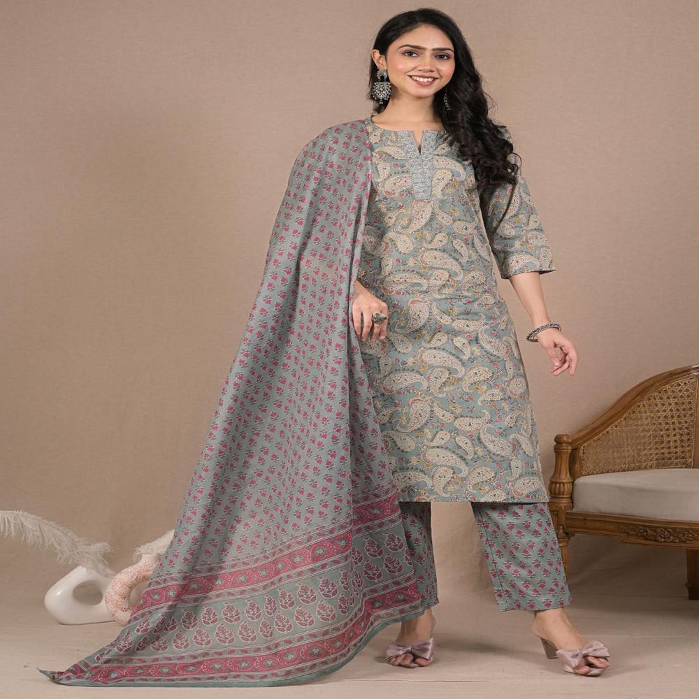 Straight Style Cotton Fabric Sea Green Color Kurta And Bottom With Dupatta