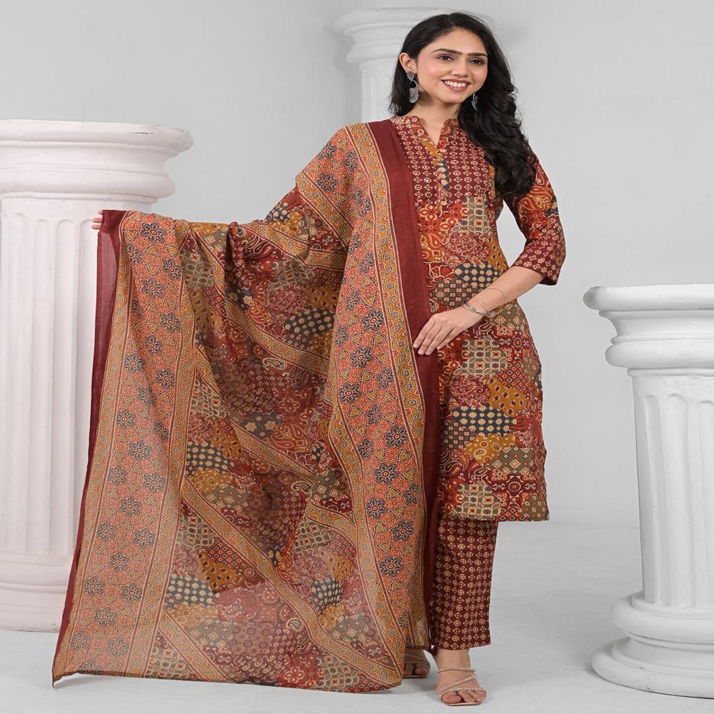 Straight Style Cotton Fabric Maroon Color Kurta And Bottom With Dupatta