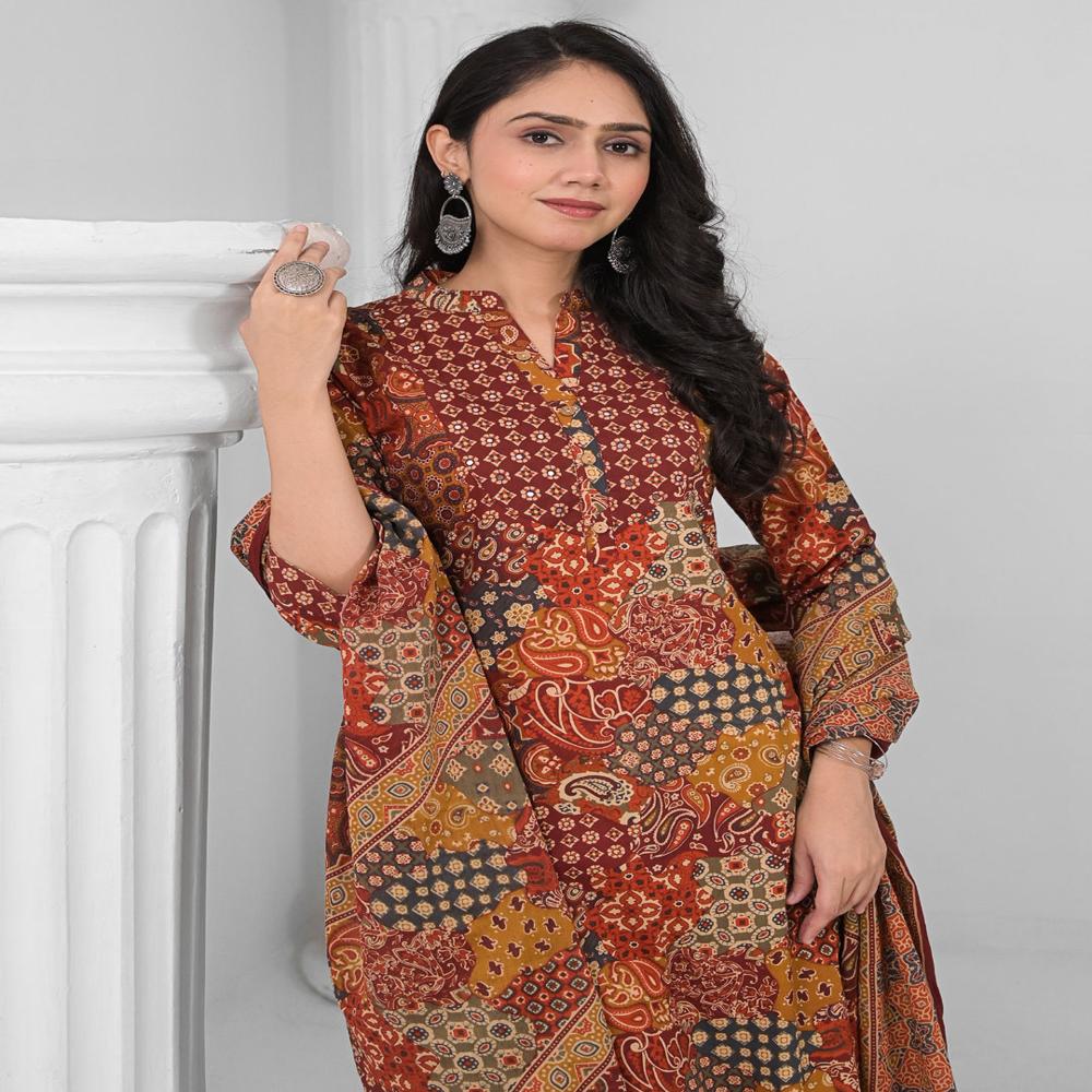 Straight Style Cotton Fabric Maroon Color Kurta And Bottom With Dupatta