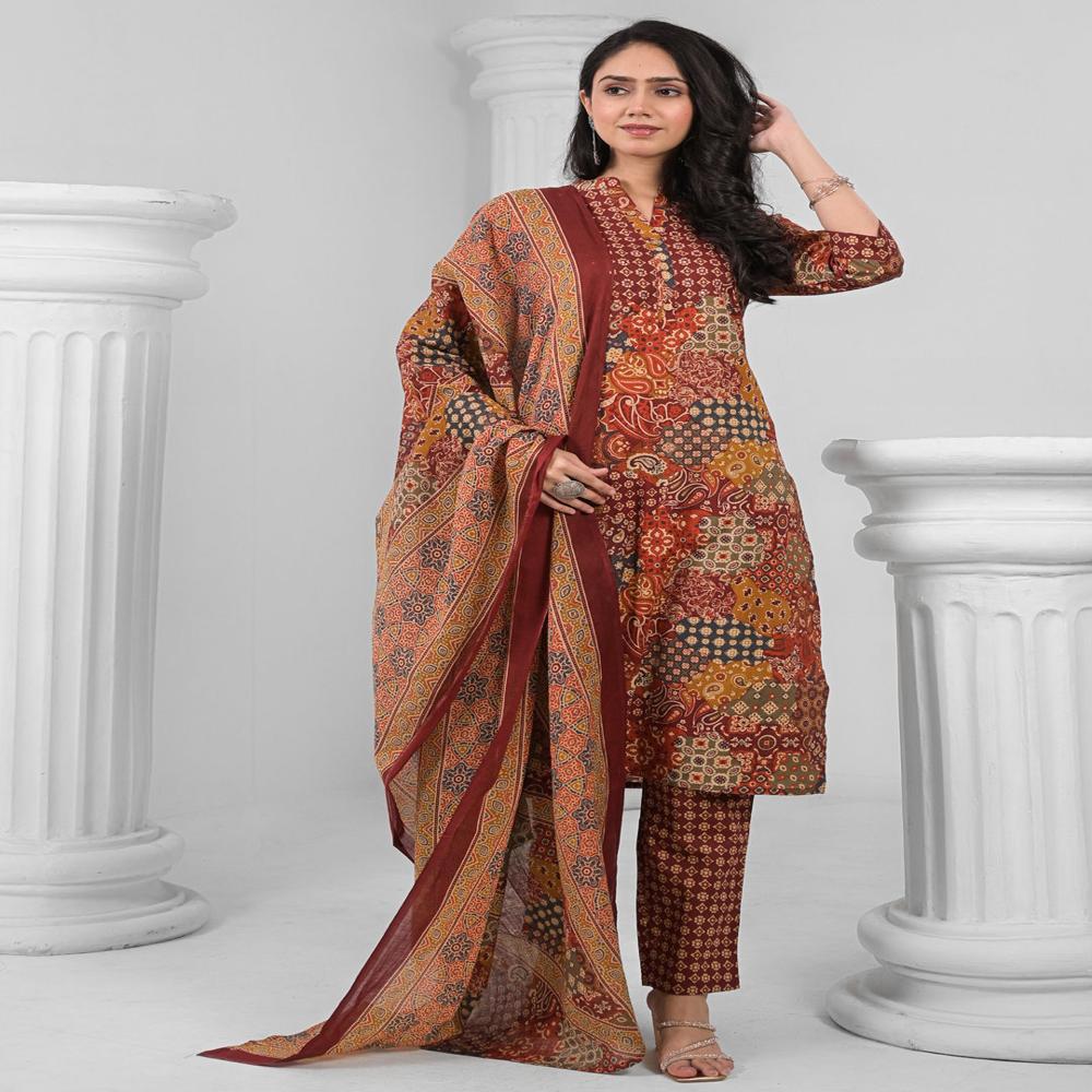 Straight Style Cotton Fabric Maroon Color Kurta And Bottom With Dupatta