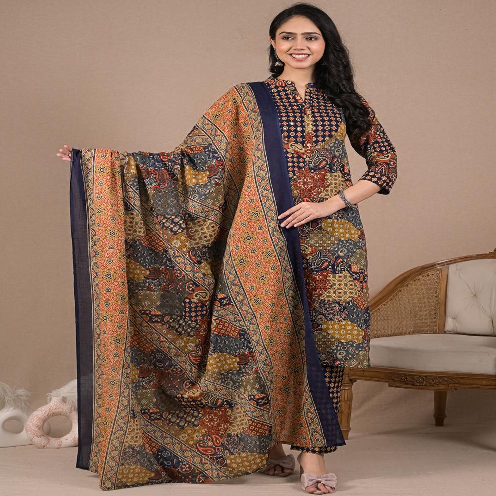 Straight Style Cotton Fabric Blue Color Kurta And Bottom With Dupatta