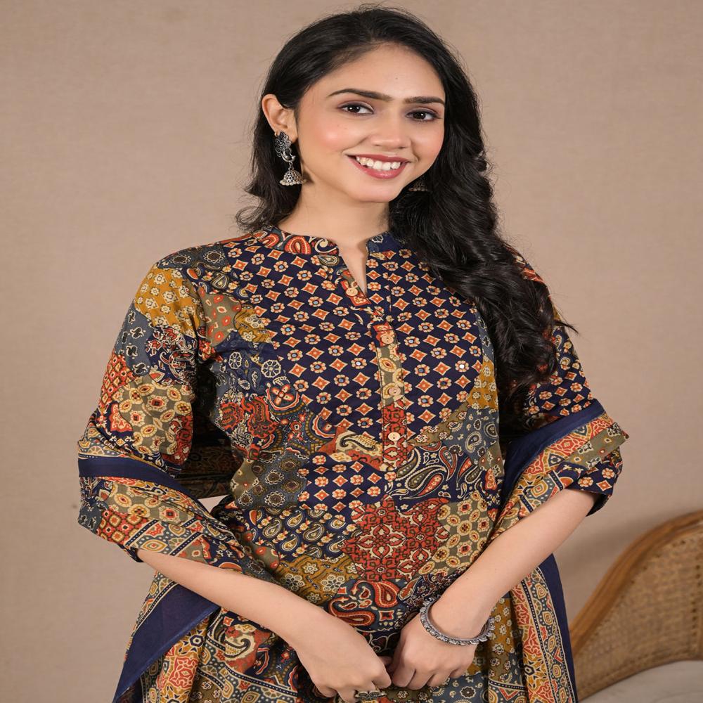 Straight Style Cotton Fabric Blue Color Kurta And Bottom With Dupatta