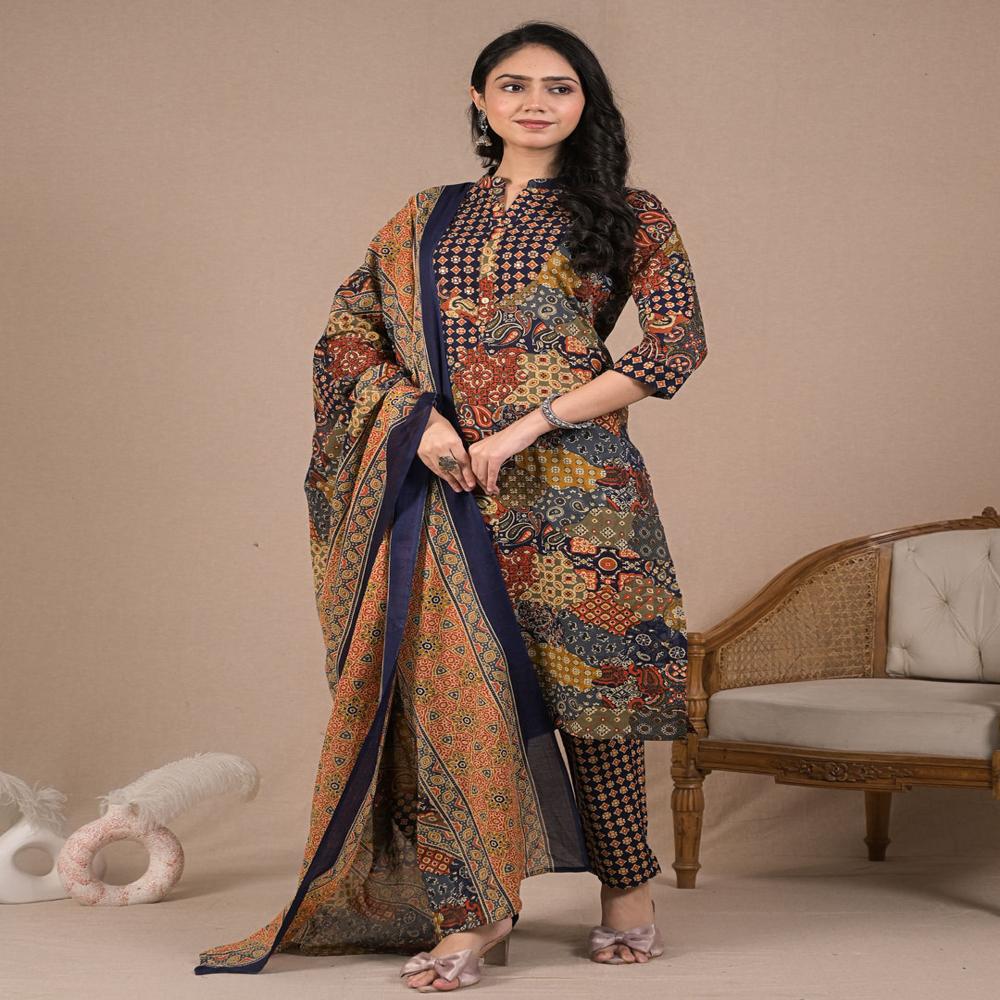 Straight Style Cotton Fabric Blue Color Kurta And Bottom With Dupatta