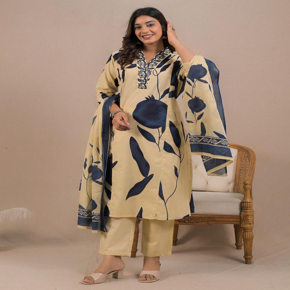 Straight Style Cotton Fabric Beige Color Kurta And Bottom With Dupatta