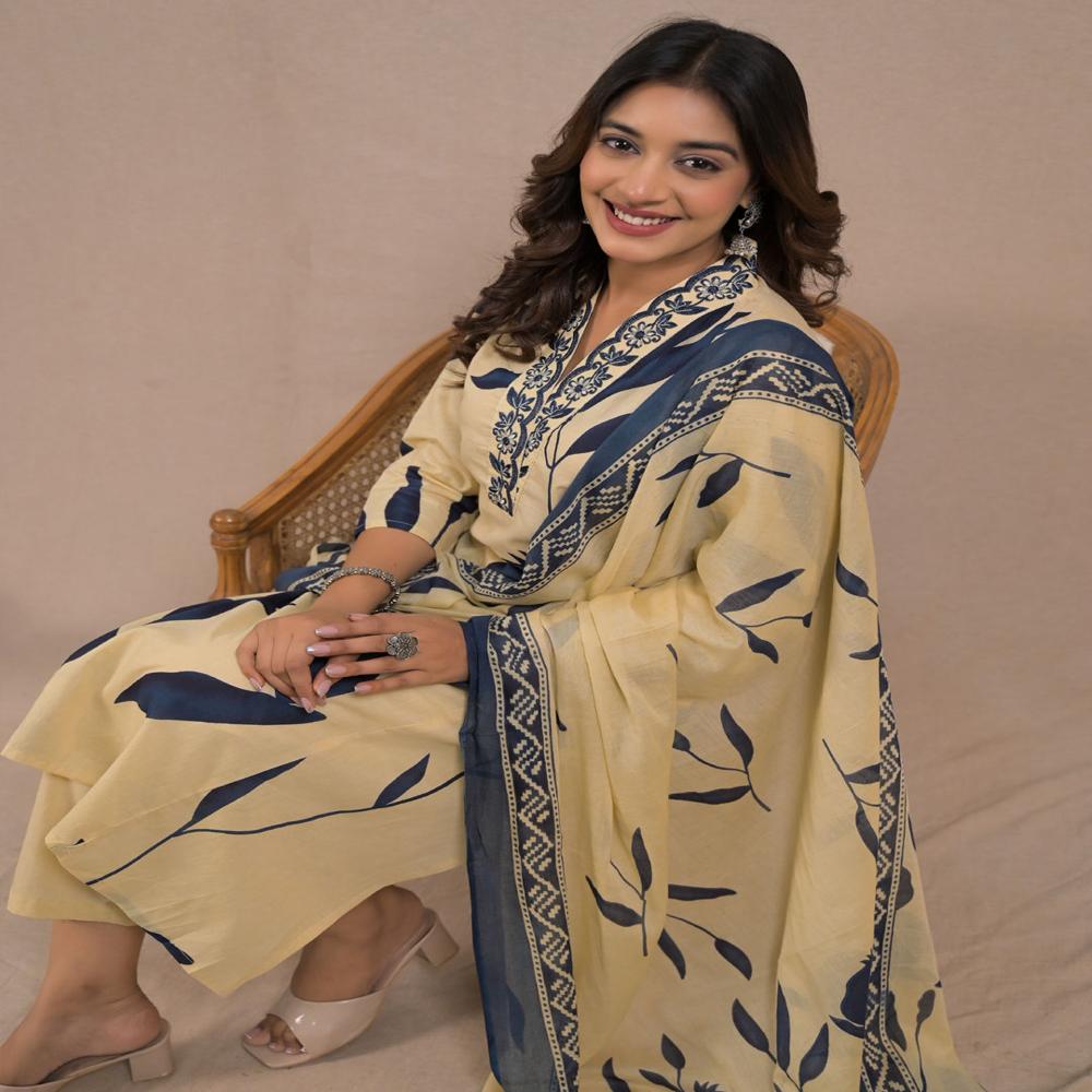 Straight Style Cotton Fabric Beige Color Kurta And Bottom With Dupatta