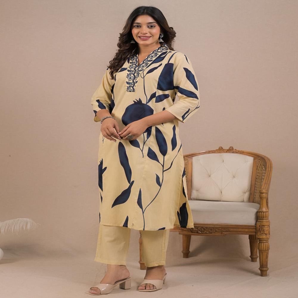 Straight Style Cotton Fabric Beige Color Kurta And Bottom With Dupatta