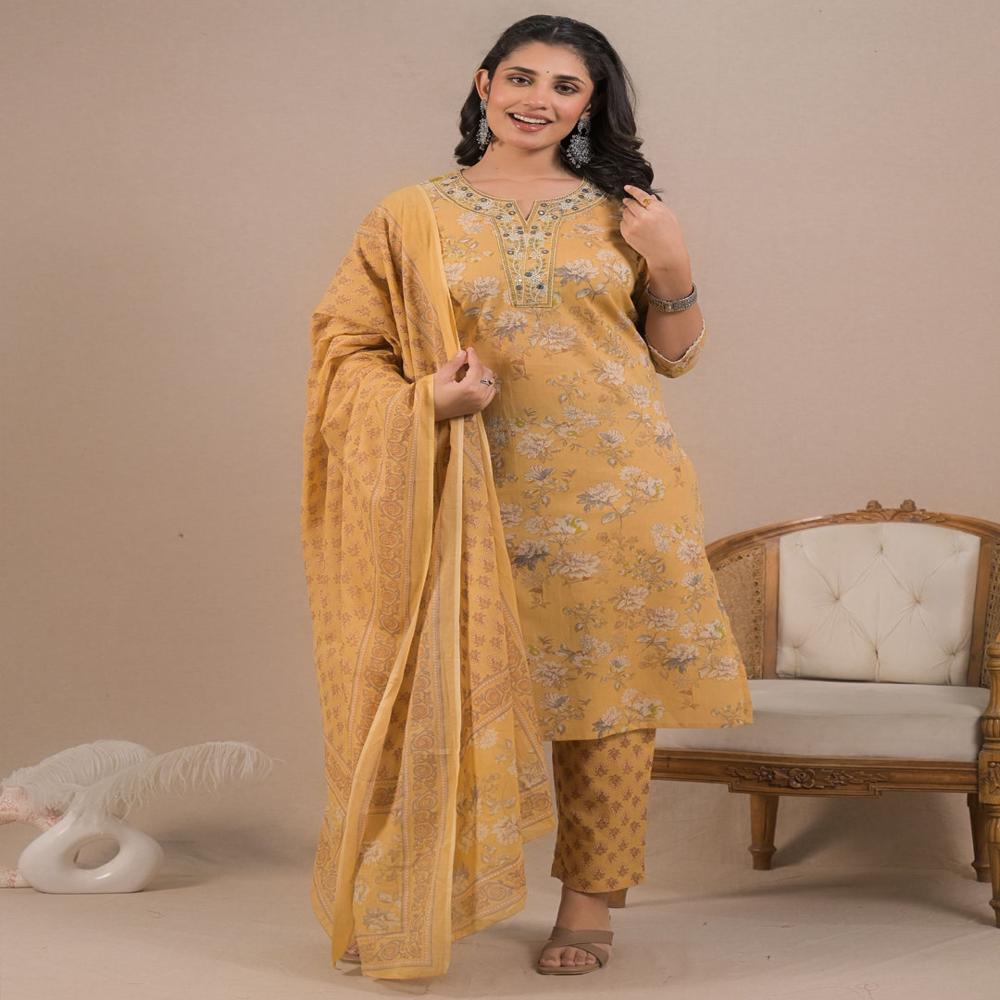 Straight Style Cotton Fabric Mustard Color Kurta And Bottom With Dupatta