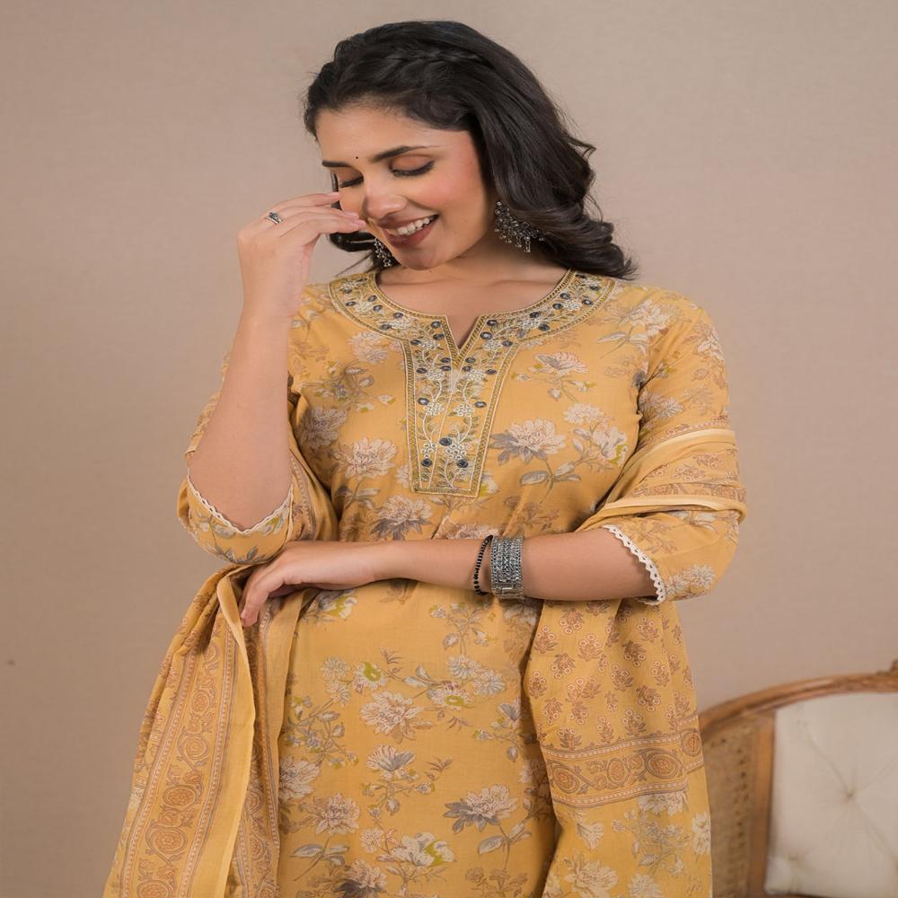Straight Style Cotton Fabric Mustard Color Kurta And Bottom With Dupatta