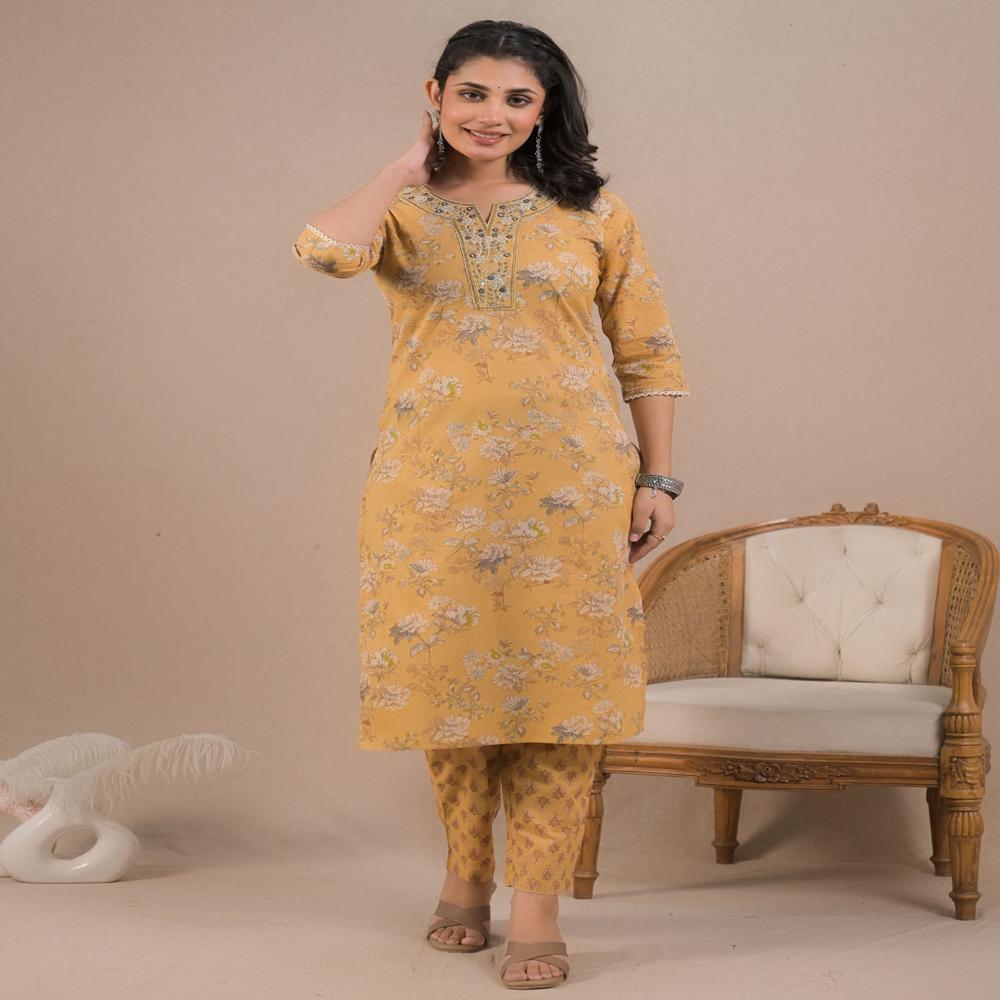 Straight Style Cotton Fabric Mustard Color Kurta And Bottom With Dupatta