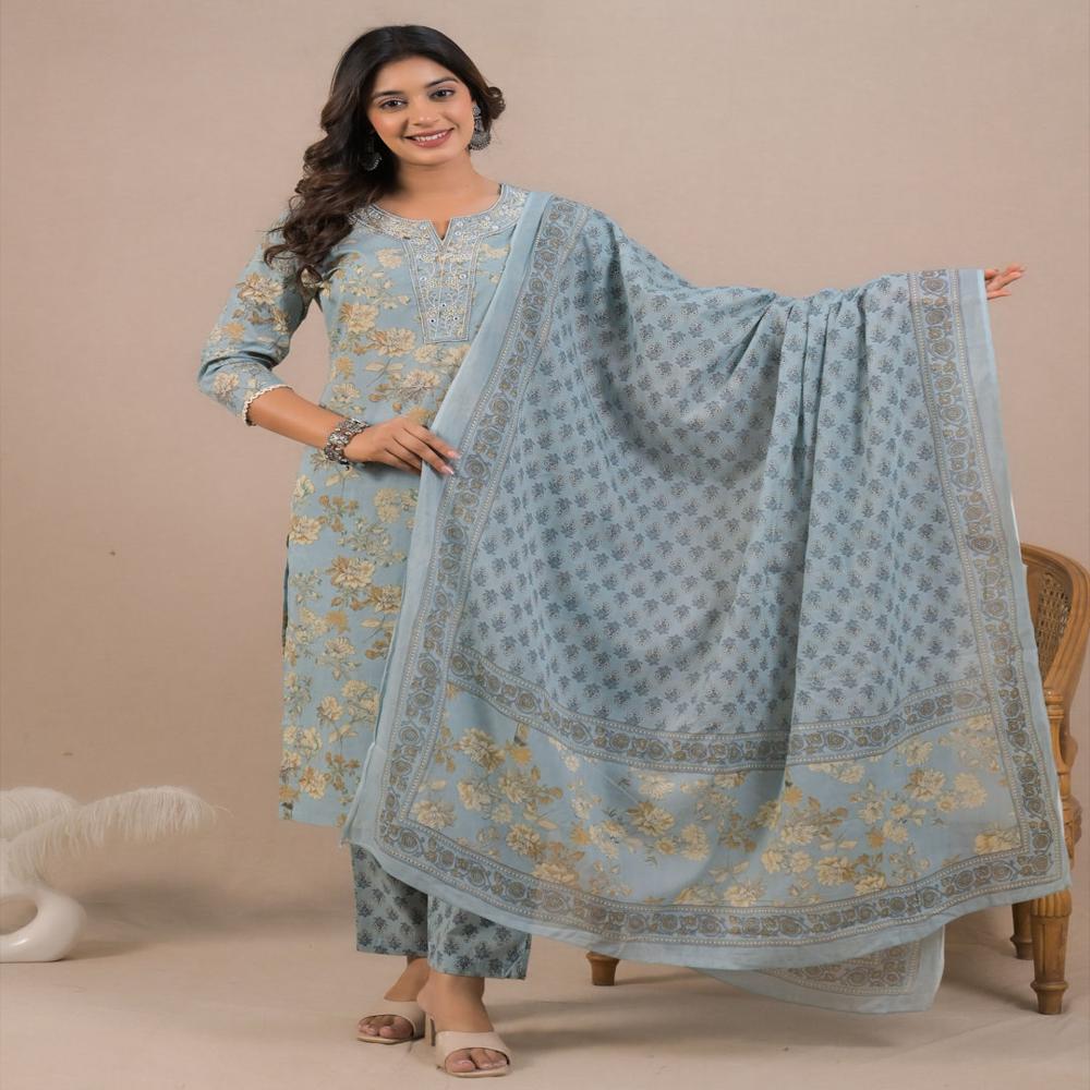 Straight Style Cotton Fabric Blue Color Kurta And Bottom With Dupatta
