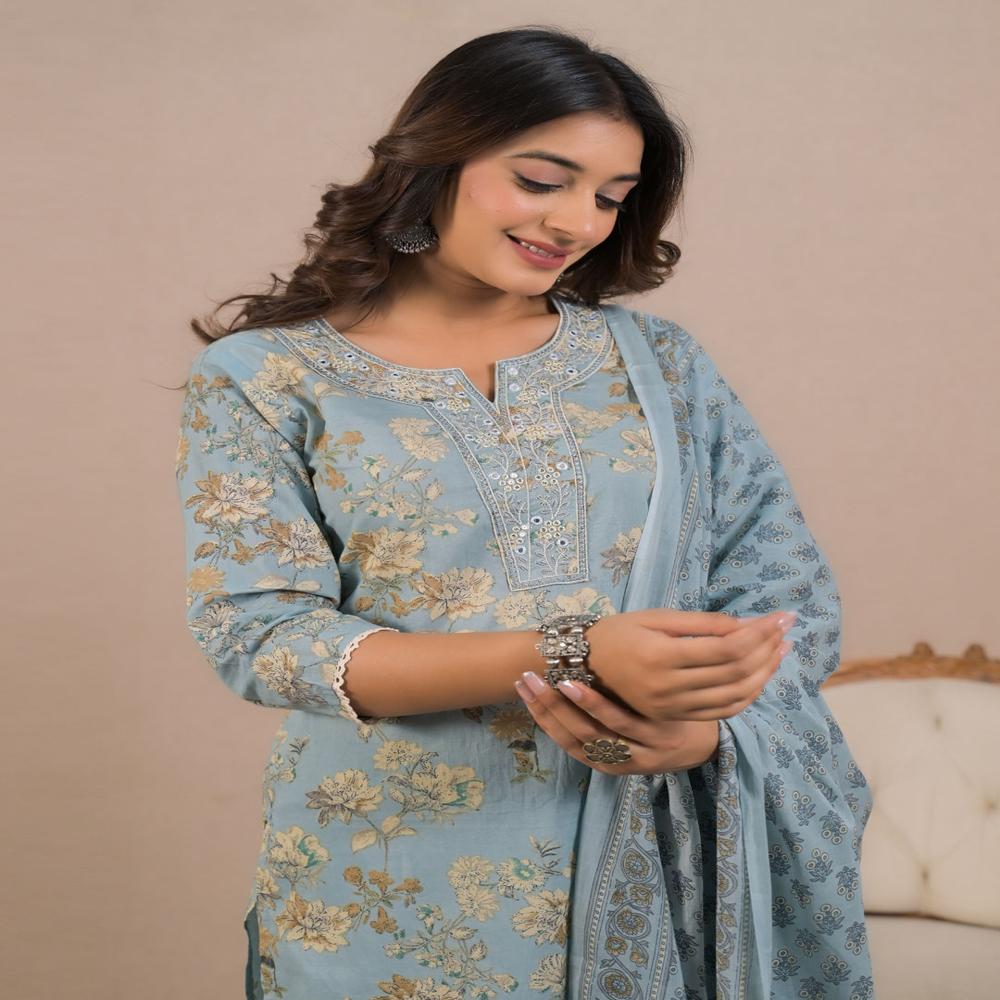 Straight Style Cotton Fabric Blue Color Kurta And Bottom With Dupatta