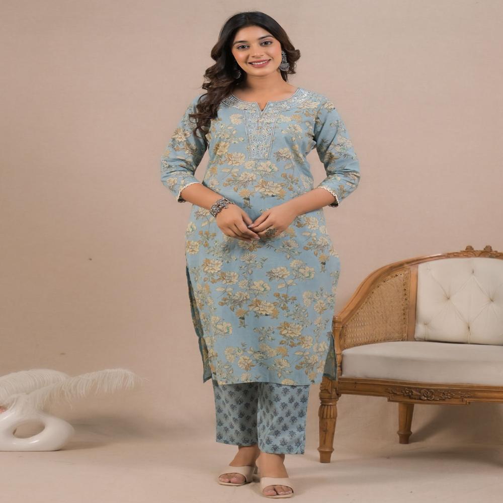 Straight Style Cotton Fabric Blue Color Kurta And Bottom With Dupatta