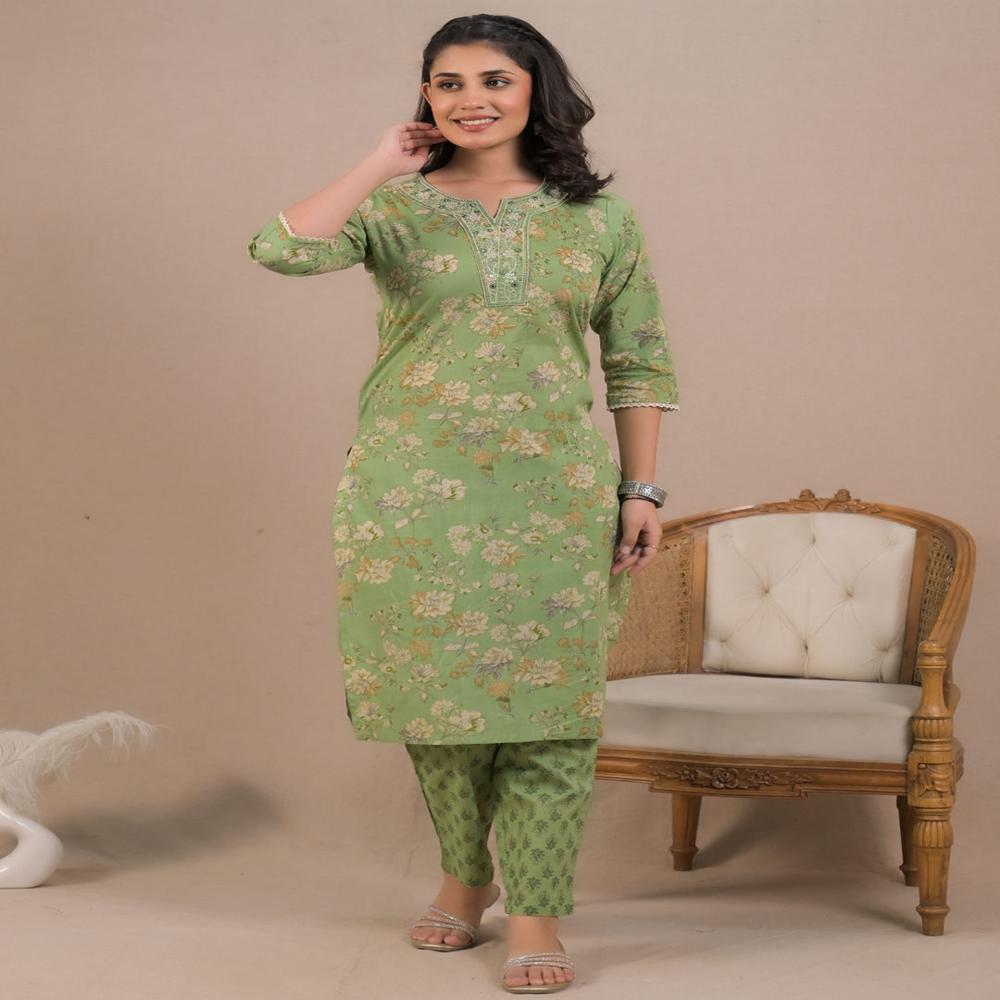 Straight Style Cotton Fabric Green Color Kurta And Bottom 