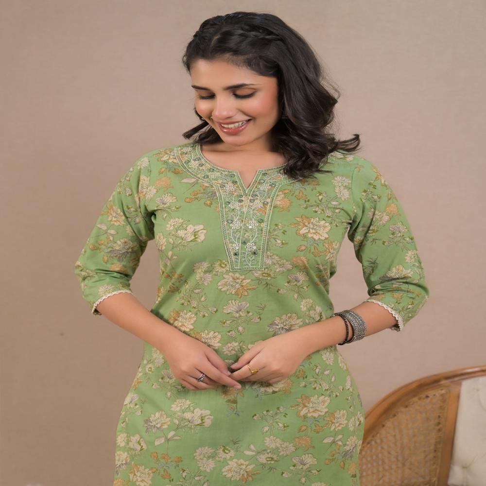 Straight Style Cotton Fabric Green Color Kurta And Bottom 