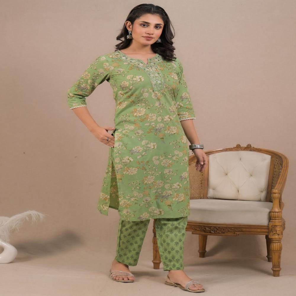 Straight Style Cotton Fabric Green Color Kurta And Bottom 