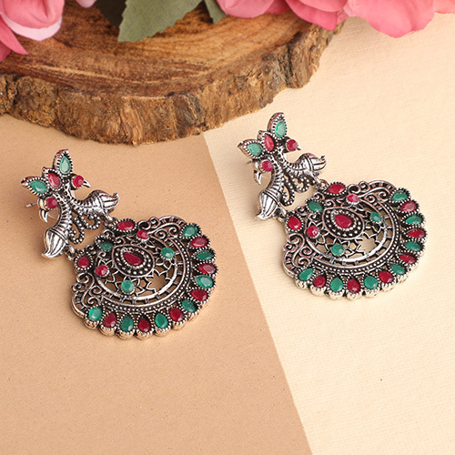 CJ100295 Stefan Oxidised Peacock Face Shaped Red and Green Kundan Dangler Earrings for Women