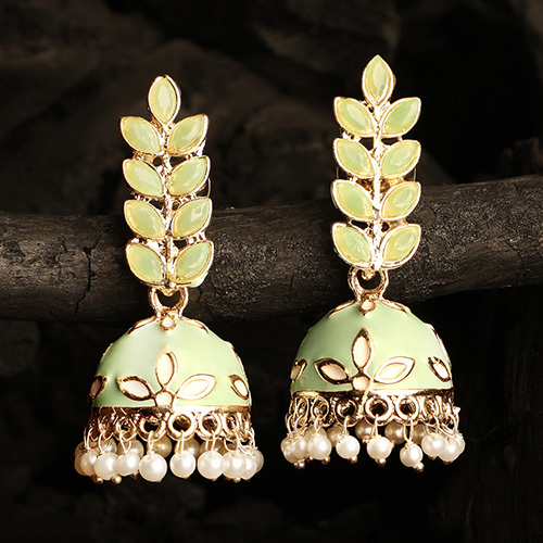 CJ100551 Stefan Gold Plated Meenakari Work Green Jhumki Earrings