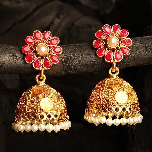 Stefan Gold Plated Floral Kundan Jhumki Earrings