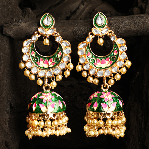 CJ100557 Green And Gold Dome Shaped Drop Earrings