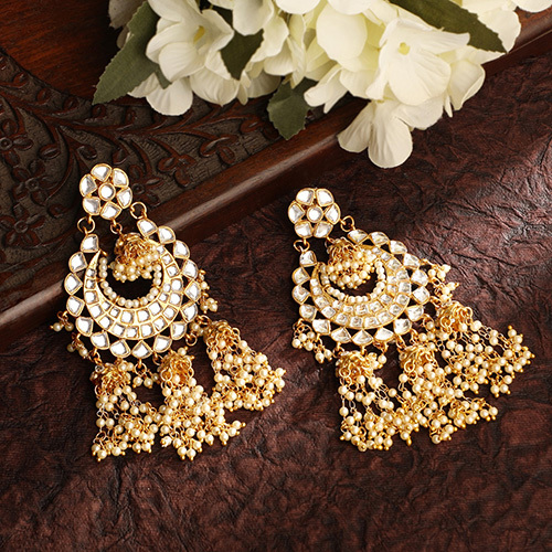 Stefan Gold Plated Kundan Dangle Jhumki Earrings