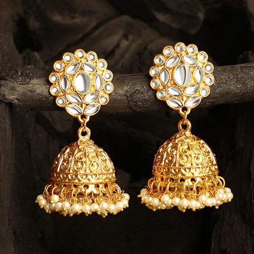 Cj100561 Stefan Ethnic Gold Plated Jhumki Earrings With White Kundan - Color: Different Available