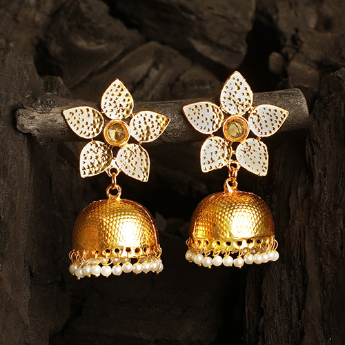 Cj100562 Stefan Floral Shape Gold Plated Jhumki Earrings With Kundan - Color: Different Available