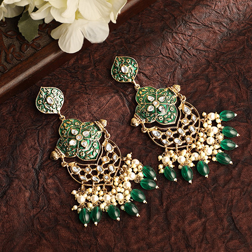 CJ100572 Stefan Gold-Plated Kundan Studded Meenakari Chandbalis Earrings