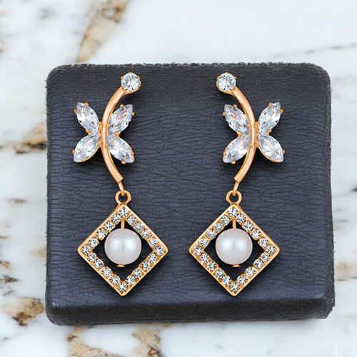 CJ100617 Stefan Rose Gold Plated Butterfly Shaped American Diamond And Artificial Pearl Dangle Drop Earring for Women