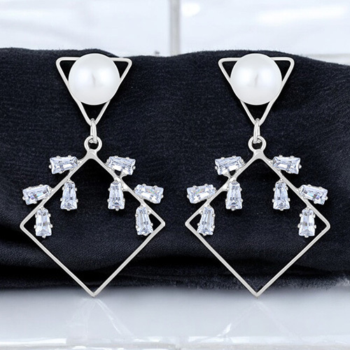 CJ100618 Stefan Rhodium Plated AD Stone And Artificial Pearl Dangler Earring For Women