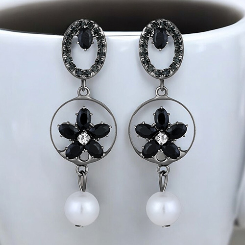CJ100620 Stefan Black Silver Plating American Diamond and Artificial Pearl Floral Dangle Drop Earring for Women