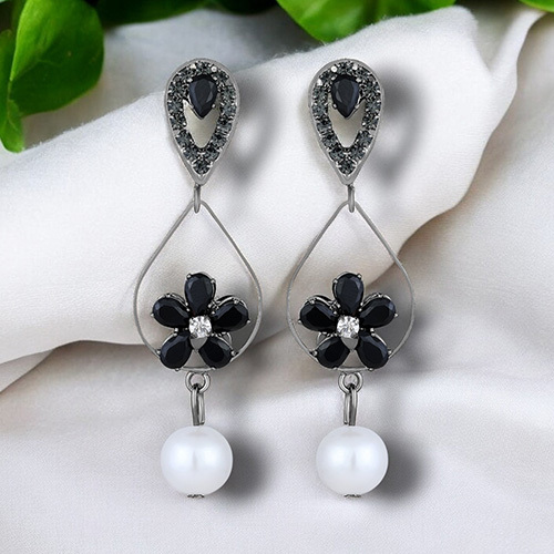 CJ100621 Stefan Black Silver Plating American Diamond And Artificial Pearl Floral Dangle Drop Earring for Women