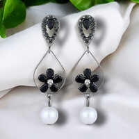 CJ100621 Stefan Black Silver Plating American Diamond And Artificial Pearl Floral Dangle Drop Earring for Women