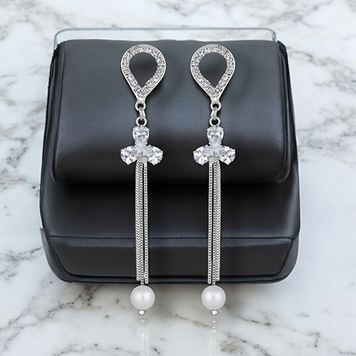 CJ100622 Stefan Rhodium Plated AD Stone And Artificial Pearl Dangle Drop Tassel for Women