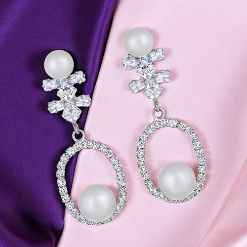 CJ100625 Stefan Rhodium Plated White AD Stone and Artificial Pearl Drop Earring for Women
