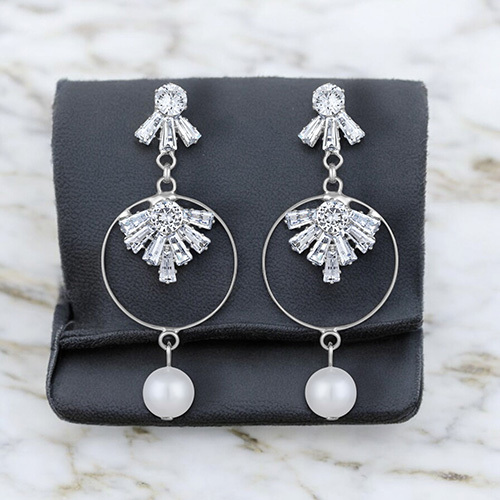 CJ100626 Stefan Rhodium Plated White AD Stone and Artificial Pearl Dangle Drop Earring for Women