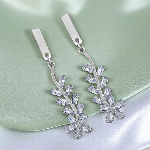 Stefan Rhodium Plated White American Diamond Floral Leaf Dangler Earrings for Women