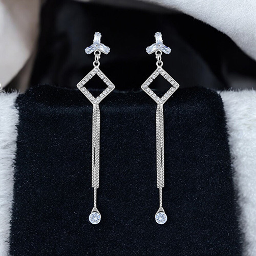 CJ100628 Stefan Rhodium Plated American Diamond Dangle And Tassel Earring for Women