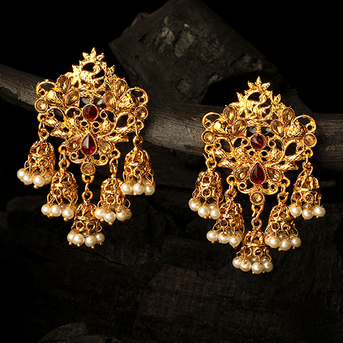RED Stefan Traditional Gold Plated Kundan and Pearl Jhumki Earring For Women